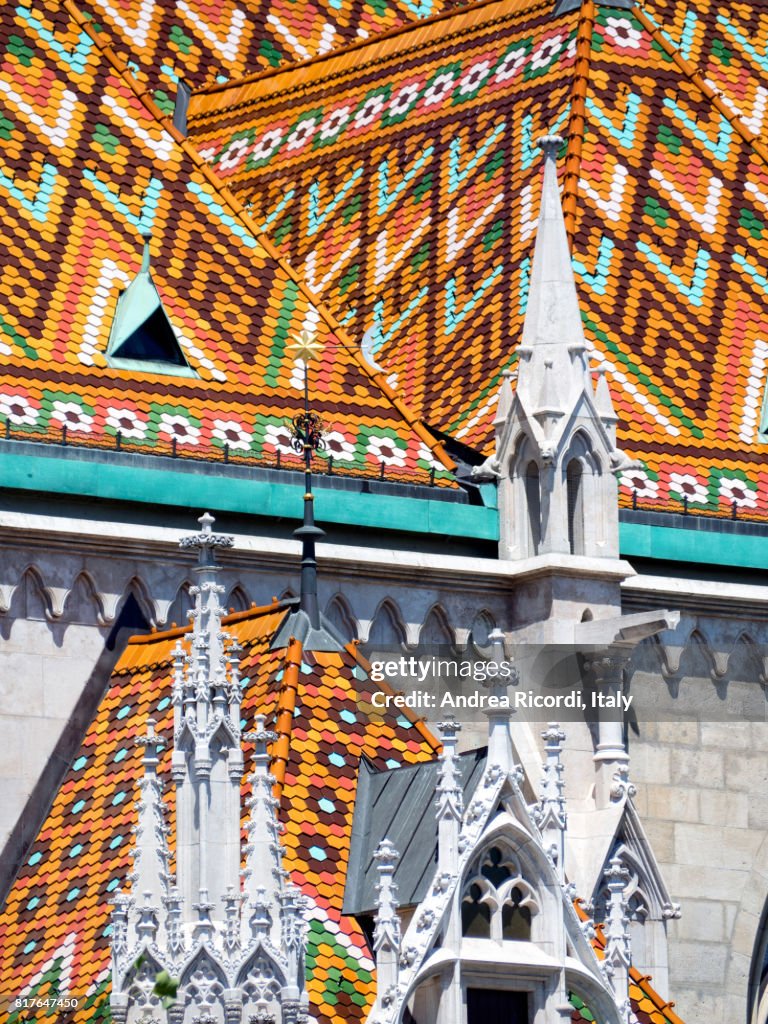 Multi-colored tiled roof of St Matthias Church, Budapest,Hungary
