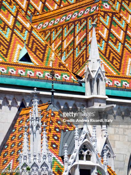 multi-colored tiled roof of st matthias church, budapest,hungary - budapest basilica stock pictures, royalty-free photos & images