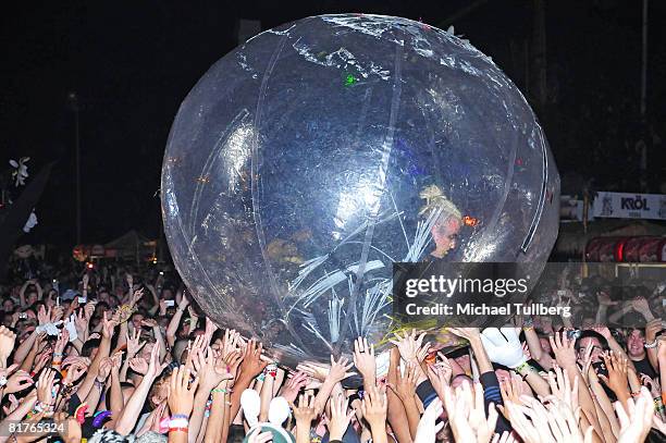 Bunny from the electronic music group Rabbit In The Moon performs in the crowd at the annual Electric Daisy Carnival massive rave party, held at the...