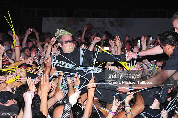Bunny from the electronic music group Rabbit In The Moon performs in the crowd at the annual Electric Daisy Carnival massive rave party, held at the...