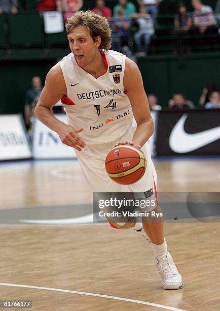 Dirk Nowitzki of Germany in action during the international friendly basketball match between Germany and Poland at the Gerry Weber stadium on June...