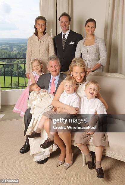 Princess Elisabeth, Prince Philippe holding baby Princess Eleonore of Belgium, Princess Mathilde with Prince Emmanuel and Prince Gabriel, Princess...