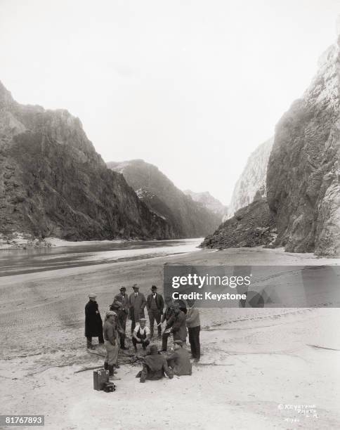 An inspection party near the proposed site of the Hoover Dam in the Black Canyon of the Colorado River, circa 1928.