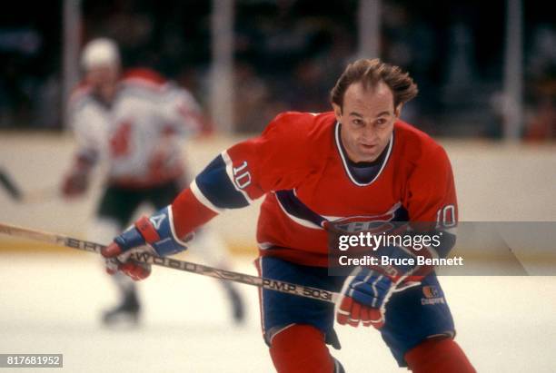 Guy Lafleur of the Montreal Canadiens skates on the ice during an NHL game against the New Jersey Devils circa 1983 at the Brendan Byrne Arena in...