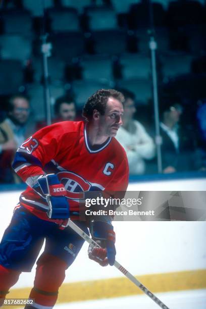 Bob Gainey of the Montreal Canadiens skates on the ice during warm-ups before an 1979 Conference Finals game against the New York Islanders circa...