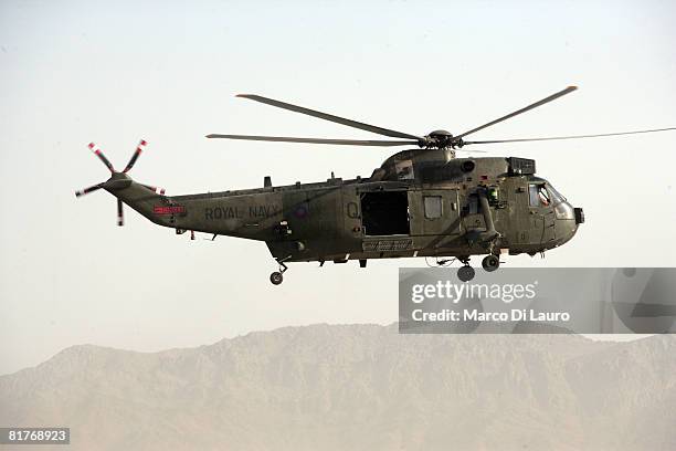 Royal Navy Sea King helicopter from the 846 Naval Air Squadron Commando Helicopter Force, part of the Joint Helicopter Force, takes to the air during...