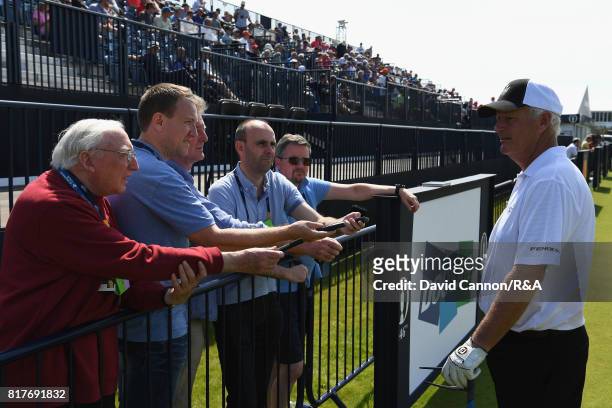 Sandy Lyle of Scotland talks to journalists during a practice round prior to the 146th Open Championship at Royal Birkdale on July 18, 2017 in...