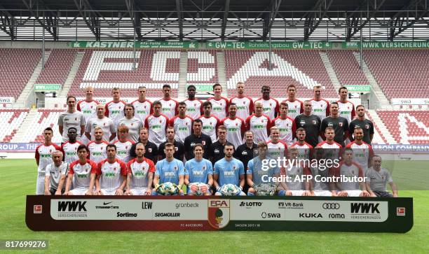 Team members of German first division Bundesliga football club FC Augsburg pose for a team picture on July 17, 2017 in Augsburg, southern Germany:...