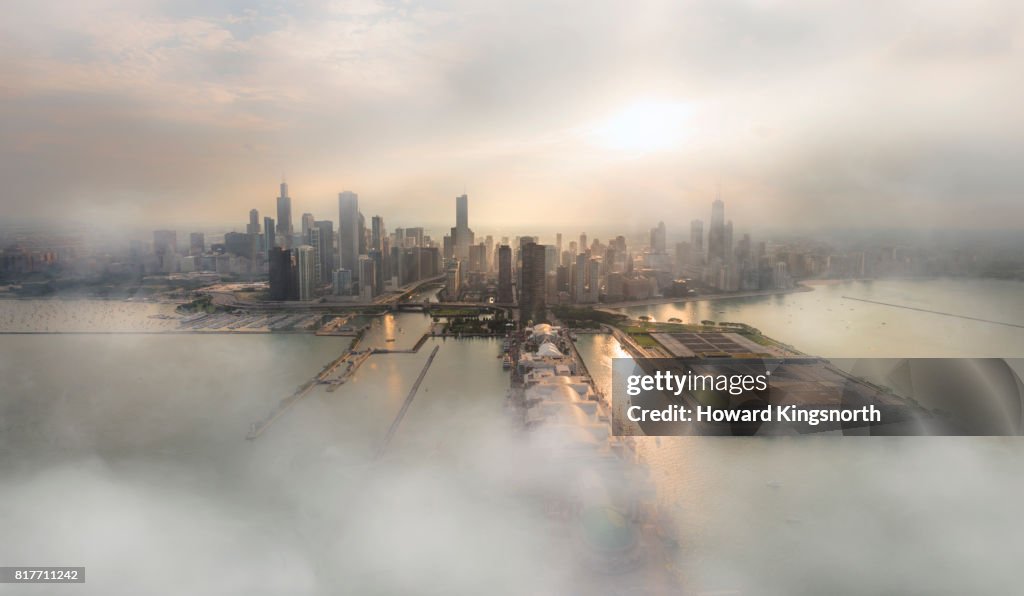 Aerial view of Chicago with misty sky