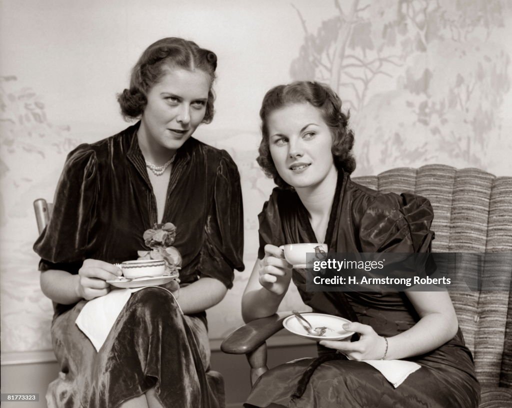 Two Women Friends Drinking Tea Talking Conversation Gossip Friendship Drink Tea Cups Coffee.