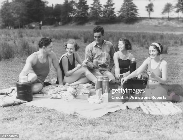 group of five people having summer picnic on beach. - north texas v florida atlantic stock pictures, royalty-free photos & images