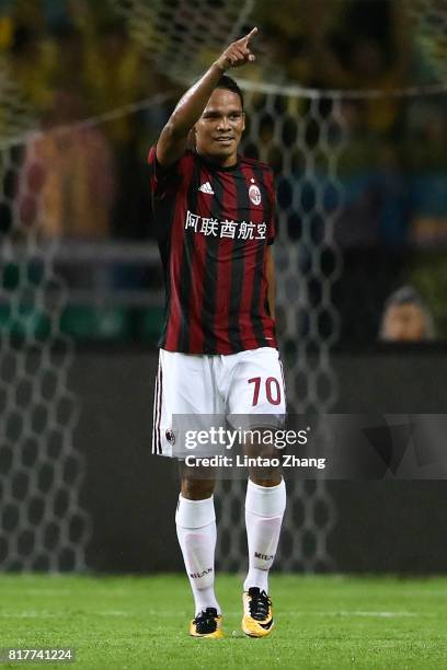 Carlos Bacca of AC Milan celebrates a goal during the 2017 International Champions Cup football match between AC milan and Borussia Dortmund at...