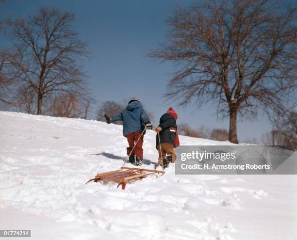 two boys pulling sled up hill in snow. - tobogganing 個照片及圖片檔