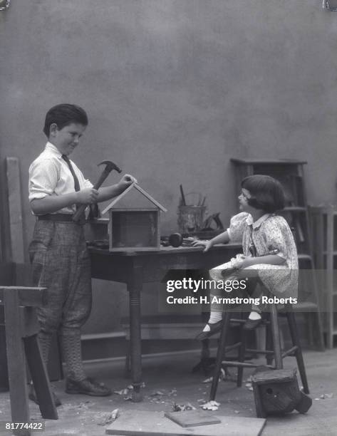 boy and girl in workshop, girl watching as boy hammers nail into birdhouse. (photo by h. armstrong roberts/retrofile/getty images) - retrofile foto e immagini stock