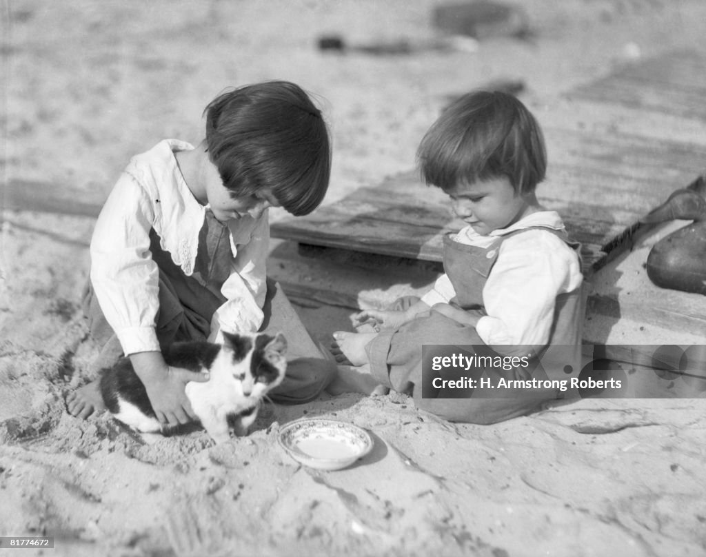 Two boys sitting feeding kitten a bowl of milk.