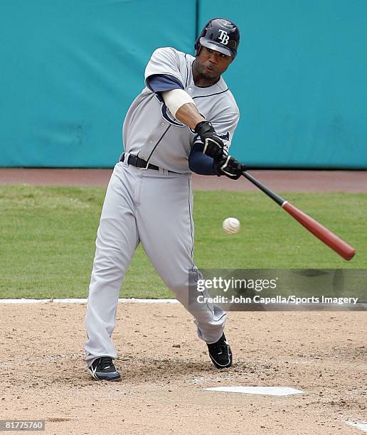 Carl Crawford of the Tampa Bay Rays bats during the MLB game against the Florida Marlins at Dolphin Stadium on June 26, 2008 in Miami, Florida.