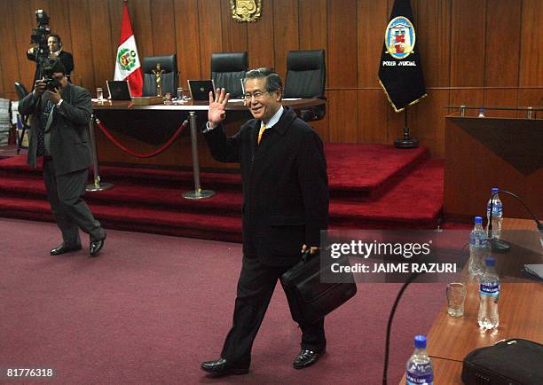 Former Peruvian president Alberto Fujimori arrives at the Special Court of the Peruvian Supreme Court to attend a hearing of the trial against him...