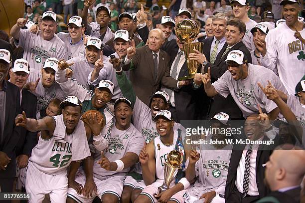 Finals: Boston Celtics Tony Allen , Sam Cassell , Glen Davis , Kevin Garnett , Paul Pierce , Ray Allen , and coach Doc Rivers victorious with team...