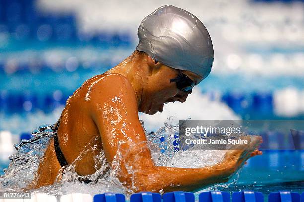 Amanda Beard competes in the preliminaries of the 100 meter breaststroke during the U.S. Swimming Olympic Trials on June 30, 2008 at the Qwest Center...