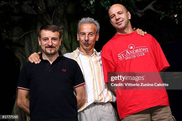 Actors/comedians Giacomo Poretti, Giovanni Storti, Aldo Baglio attend a photocall promoting the movie "Il Cosmo Sul Como" at the ICET Studios on June...