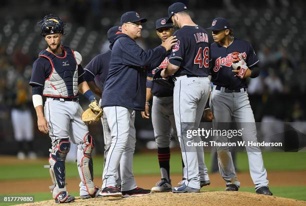 Manager Terry Francona of the Cleveland Indians makes a pitching change handing the ball over to relief pitcher Boone Logan against the Oakland...