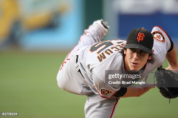 Tim Lincecum of the San Francisco Giants pitches during the game against the Oakland Athletics at the McAfee Coliseum in Oakland, California on June...