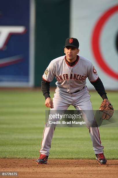Omar Vizquel of the San Francisco Giants plays defense at shortstop during the game against the Oakland Athletics at the McAfee Coliseum in Oakland,...