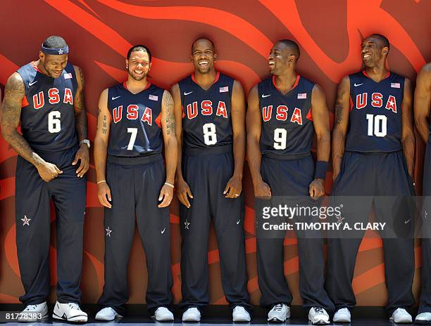 Olympic basketball players LeBron James, Deron Williams, Michael Redd, Dwyane Wade and Kobe Bryant attend a press event at Rockefeller Center in New...