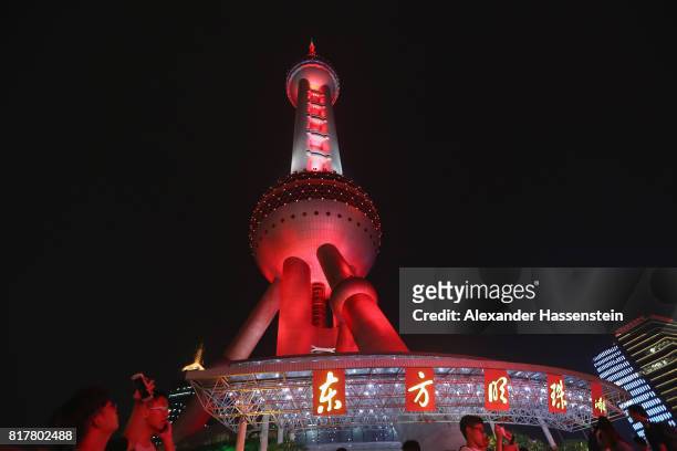 General view of the Shanghai Oriental Pearl Tower as he is illuminated in FC Bayern Muenchen colors during the Audi Summer Tour 2017 on July 18, 2017...