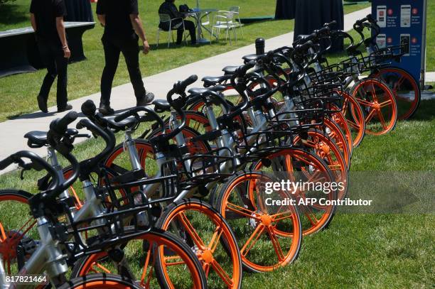 Bicycles of the Chinese startup Mobike are pictured during the Fortune Brainstorm Tech conference July 17, 2017 in Aspen, Colorado. Fast growing...