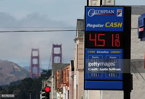 Gasoline prices over $4.00 per gallon are displayed at an Olympian gas station near the Golden Gate Bridge June 30, 2008 in San Francisco,...