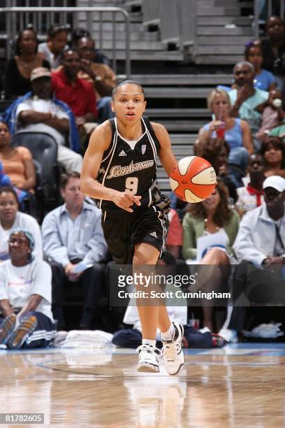 Edwige Lawson of the San Antonio Silver Stars pushes the ball upcourt against the Atlanta Dream during the WNBA game on June 18, 2008 at Philips...
