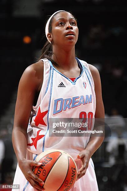 Camille Little of the Atlanta Dream shoots a free throw against the San Antonio Silver Stars during the WNBA game on June 18, 2008 at Philips Arena...