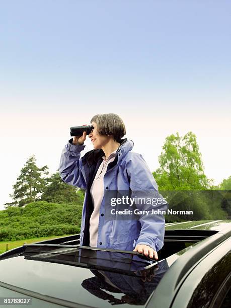 woman looking through binoculars from car sunroof - king's lynn stock pictures, royalty-free photos & images