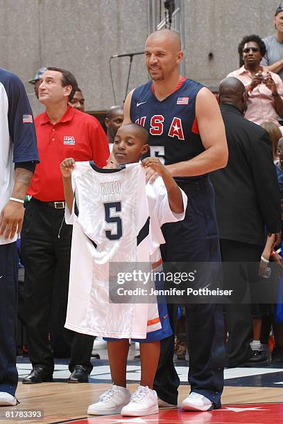 Jason Kidd of the USA Basketball Senior Men's Team visits with a fan during the USA Basketball Senior Men's Team Media Tour at Rockefeller Center...