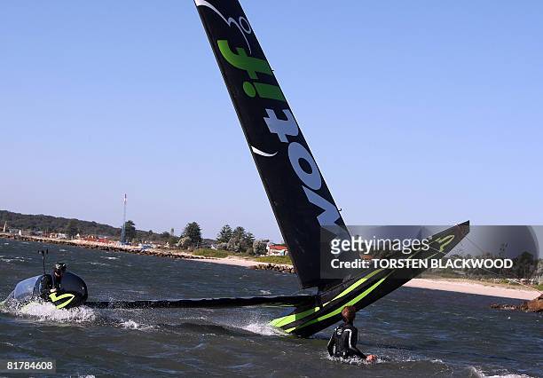 The crew starts to lose control of the state-of-the-art, carbon fibre, fixed wing 'WotRocket' in Botany Bay as gale force winds lash Sydney on July...