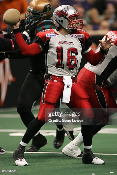 James MacPherson of the Grand Rapids Rampage unleashes a pass downfield during a game between Grand Rapids Rampage and Arizona Rattlers at the US...
