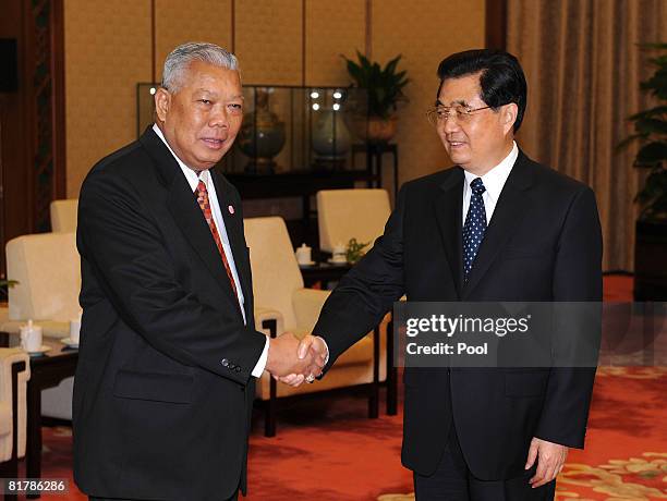 Thai Prime Minister Samak Sundaravej meets with the Chinese President Hu Jintao at the Great Hall of the People on July 1, 2008 in Beijing, China....