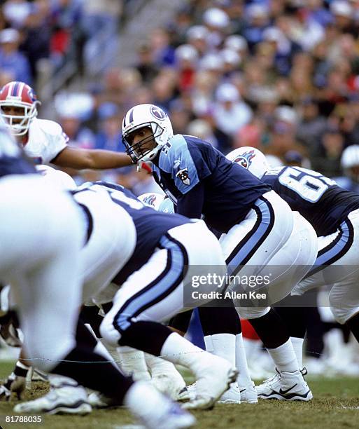 Tennessee Titans quarterback Steve McNair barks signals at the line of scrimmage during the AFC Wildcard Playoff, a 22-16 victory over the Buffalo...
