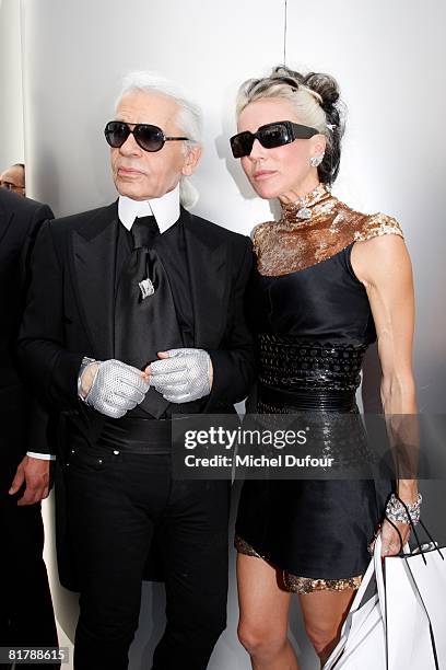 Karl Lagerfeld and Daphne Guinness attend backstage at the Chanel Haute Couture Autumn Winter 2008 fashion show on July 1, 2008 in Paris, France.