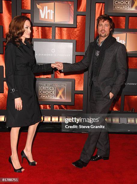 Actress Angelina Jolie and Actor Brad Pitt arrive arrives at the 13th ANNUAL CRITICS' CHOICE AWARDS at the Santa Monica Civic Auditorium on January...