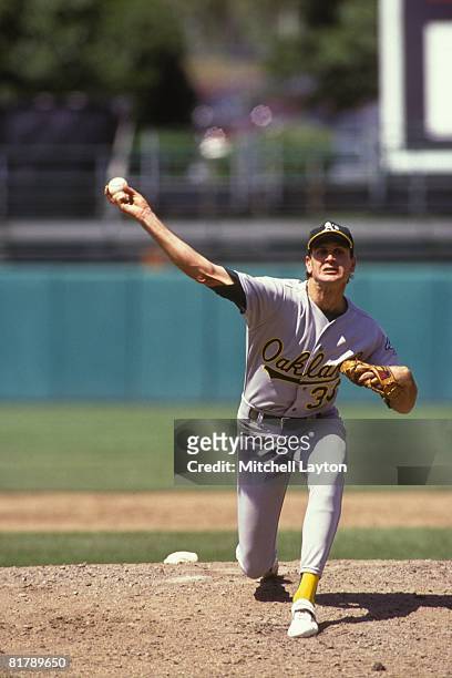 July 1: Bob Welch of the Oakland Athletics bpithces during a baseball game against the Baltimore Orioles on July 1, 1991 at Memorial Stadium in...