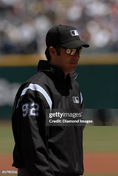 Umpire James Hoye looks towards the stands during a game between the Cleveland Indians and the Chicago White Sox on Wednesday, May 28, 2008 at...