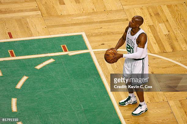 Ray Allen of the Boston Celtics shoots a free throw while taking on the Los Angeles Lakers in Game Six of the 2008 NBA Finals on June 17, 2008 at TD...