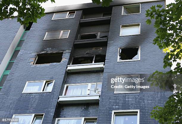 The burnt down tower block is seen on July 1, 2008 in Erkrath near Duesseldorf, Germany. Three persons injured, one heavily, said a fire-brigade...