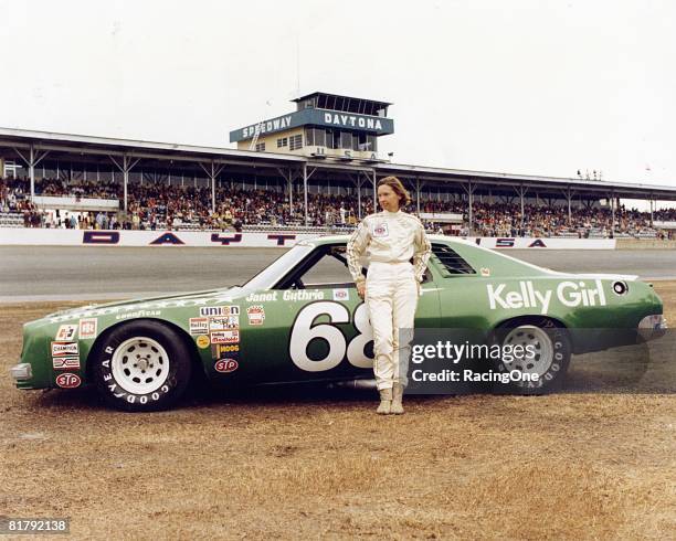 Janet Guthrie stands in front of her car before the 1977 Winston Cup Daytona 500 on February 20, 1977 at the Daytona International Speedway in...