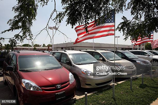 Toyota vehicles sit on the lot of a new-car dealership July 1, 2008 in Park Ridge, Illinois. Toyota car sales fell 9.4 percent in June, its truck...