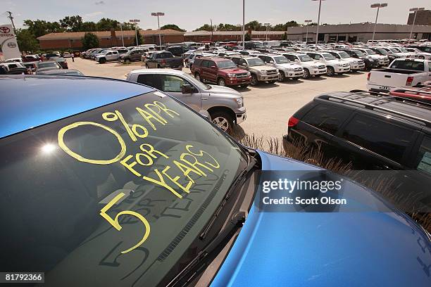 Toyota vehicles sit on the lot of a new-car dealership July 1, 2008 in Park Ridge, Illinois. Toyota car sales fell 9.4 percent in June, its truck...