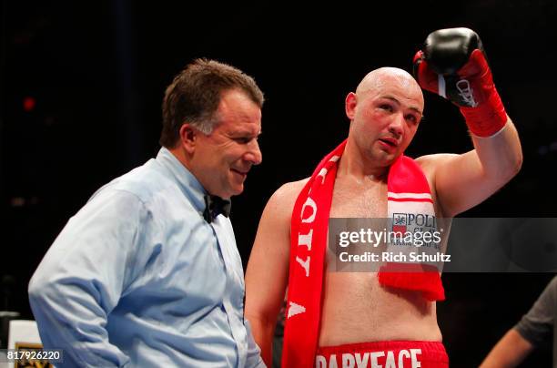 Adam Kownacki of Poland celebrates his fourth round TKO over Artur Szpilka of Poland in their Heavyweight fight at Nassau Veterans Memorial Coliseum...