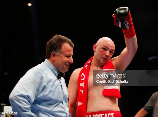 Adam Kownacki of Poland celebrates his fourth round TKO over Artur Szpilka of Poland in their Heavyweight fight at Nassau Veterans Memorial Coliseum...
